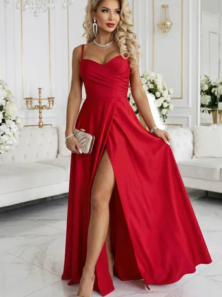 Długa sukienka wieczorowa Numoco Basic z rozcieciem na ramiączkach czerwona