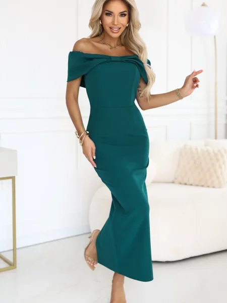 Sukienka midi Numoco z kokardką do kolan garniturowa zielona