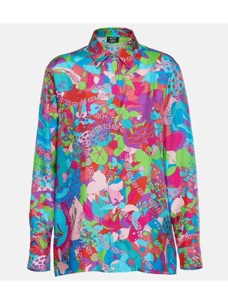 Cămașă Versace de mătase cu model floral albastru