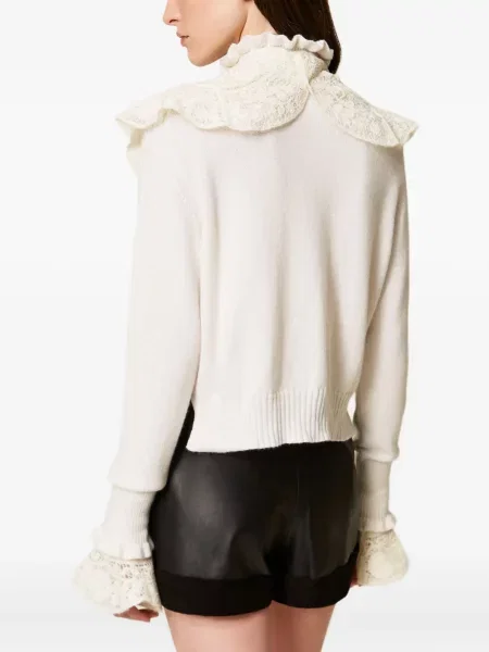 Pulover Twinset cu volane din dantelă alb