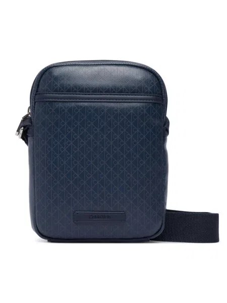 Geantă crossover Calvin Klein Emblem Aop Coated Slim Reporter Bleumarin gri