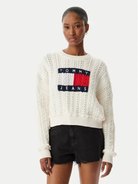 Tommy Jeans Pulover Intarsia Flag Badge Crem alb