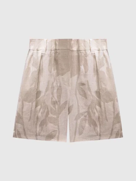 Шорти з льону в квітковий візерунок Brunello Cucinelli бежеві