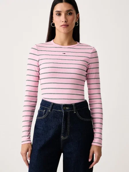 Tommy Jeans tričko s dlouhým rukávem s růžové