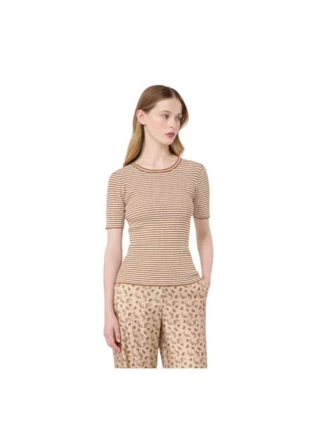 Koszulka Max Mara Studio w paski z paskiem brązowa