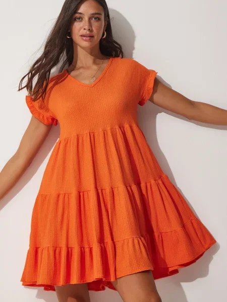 Rochie Happiness İstanbul cu decolteu în V cu volane evazată portocaliu