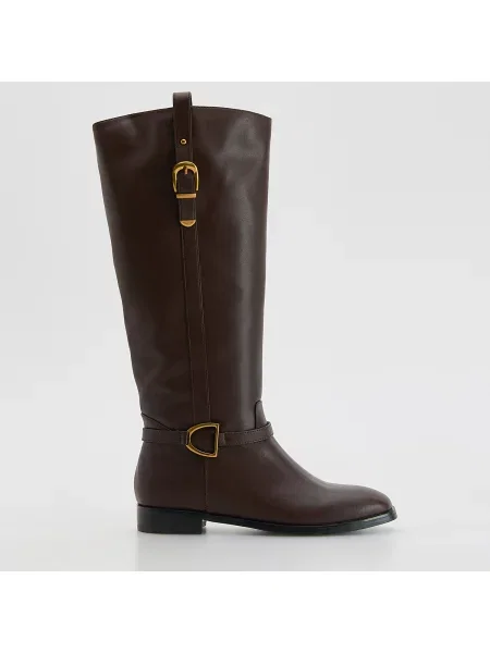 Reserved Kožené kozačky s přezkou tmavě hnědá