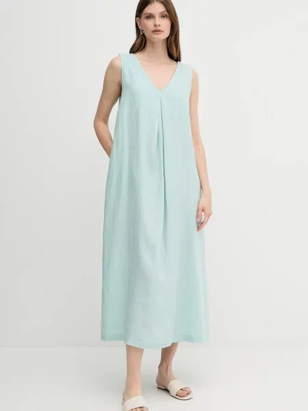 Ленена рокля United Colors of Benetton дълга разкроена розово