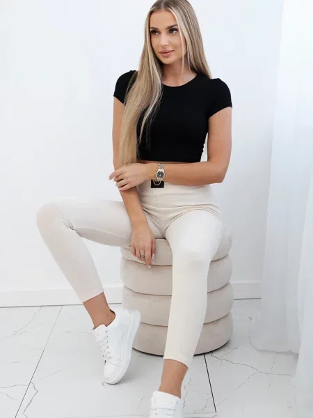 Talia spodnie Kesi z wysoką talią prążkowane beżowe