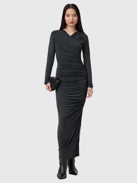 AllSaints rochie HANAKO CUPRO maxi mulata negru
