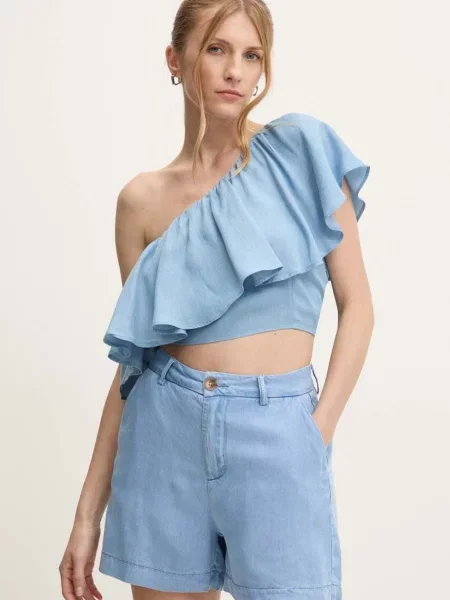 Къс панталон Answear Lab с изчистен дизайн с висока талия синьо