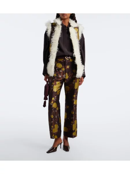 Pantaloni La Doublej cu model floral din jacard maro