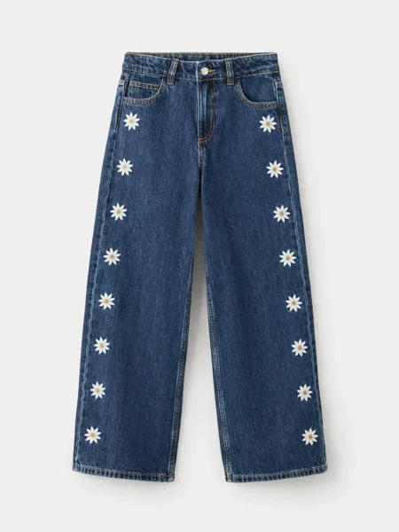 Jeansy wide leg z haftem kwiatowym Dzieci 9 MANGO KIDS ciemnoniebieski