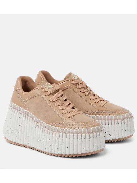 Велурени маратонки Chloé Nama с клин ток розово