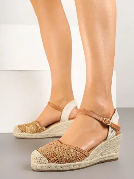 Sandały Boho z Ażurową Cholewką na Plecionym Koturnie Tenavinea brązowe