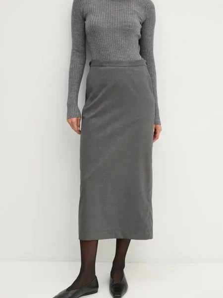 Пола с вълна Remain Suiting Midi Skirt среднодълга с кройка тип молив сиво