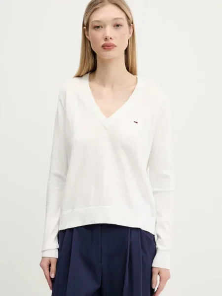 Пуловер Tommy Jeans жълто от лека материя бяло