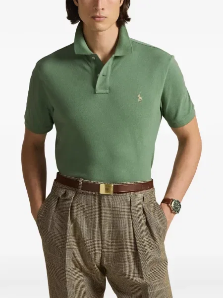 Вълнена поло тениска Polo Ralph Lauren с връзки с принт синьо