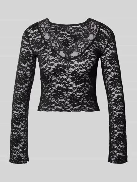 Bluzka o kroju slim fit z długim rękawem i efektem koronki model ‘NIKKA’ Only czarna