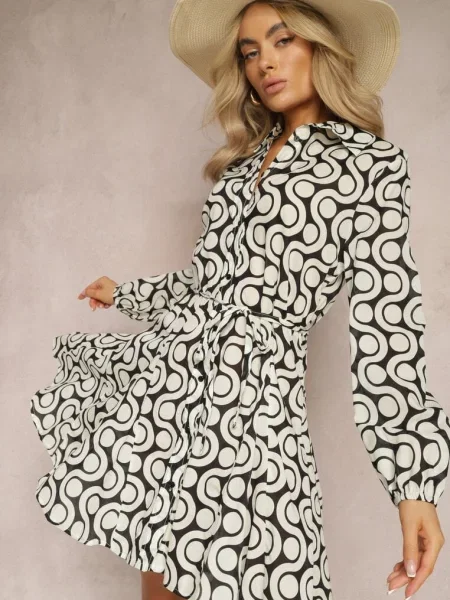 Rochie-Cămașă Bej-Negru din cu Imprimeu Geometric Vearil negru