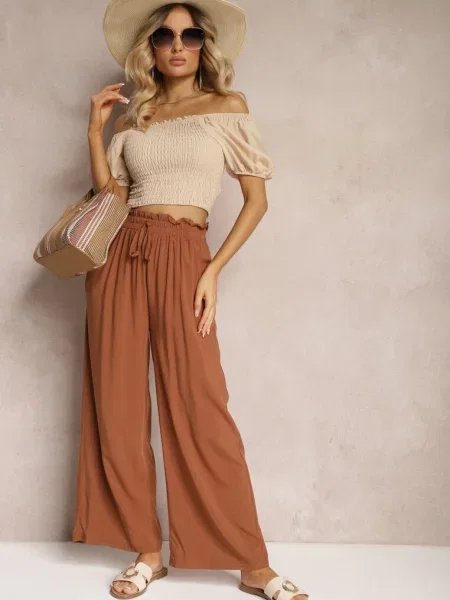 Spodnie z Bawełny High Waist z Szerokimi Nogawkami i Gumką w Pasie Clisea brązowe