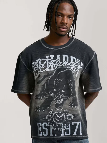 Ed Hardy Tricou Panther gri / negru / murdar alb