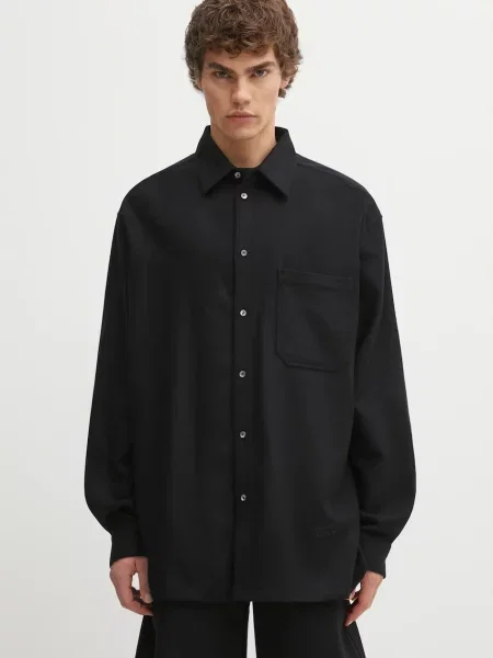 Vlněná košile Maison Kitsuné Handwriting Oversized regular s klasickým límcem černá