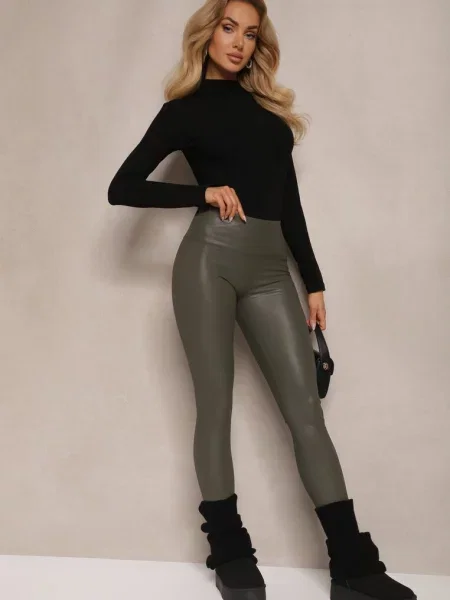 Ciemnozielone Legginsy z Imitacji Skóry High Waist z Polarem Selabra zielone