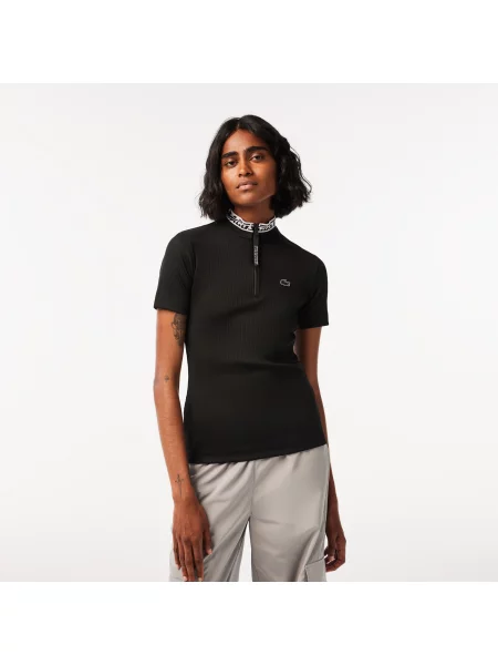 Lacoste Koszulka Polo Active Half Zip Z Nadrukiem Slim Fit czarna