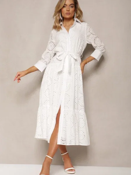 Ażurowa Sukienka Koszulowa z Bawełnianej Tkaniny Felicema biała