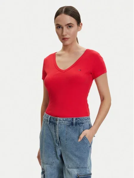 Tommy Jeans tričko dámske s elastanom červená