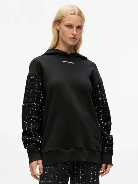 Karl Lagerfeld bluza z dodatkiem wełny z kapturem z aplikacją czarny