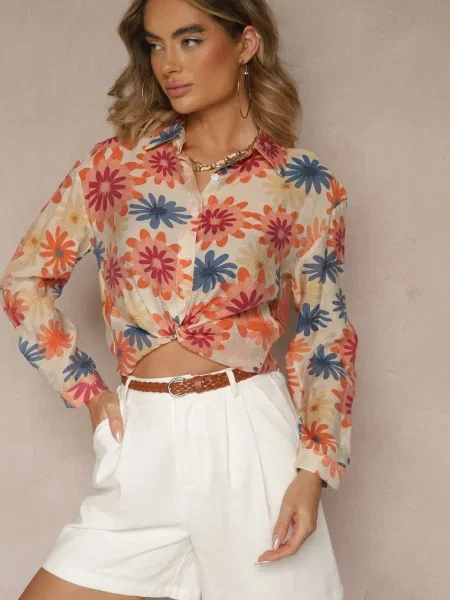 Cămașă Bej-Albastru Floral cu Mânecă Lungă și Guler cu Merisa bej