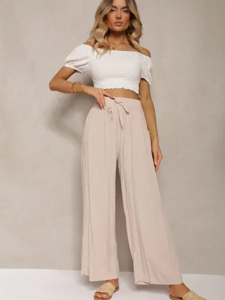Jasnobeżowe Spodnie Palazzo High Waist z Gumką w Pasie Gitanea beżowe