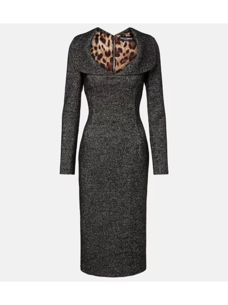 Sukienka midi Dolce&gabbana wełniana w jodełkę do kolan czarna