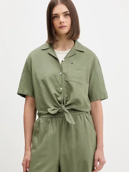Tommy Jeans košulja za žene s lanom zelena