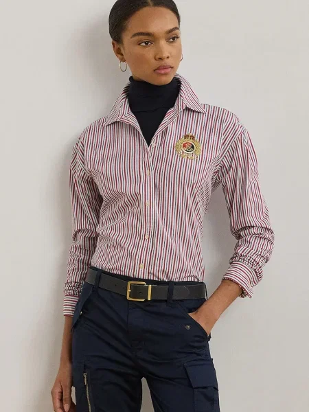 Риза Lauren Ralph Lauren дамска тъмносиньо със свободна кройка с класическа яка винено червено