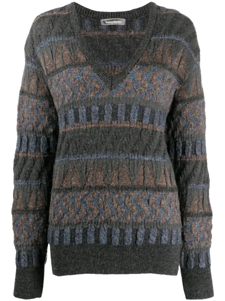 Žakárový svetr Issey Miyake Pre-owned s výstřihem do v šedý