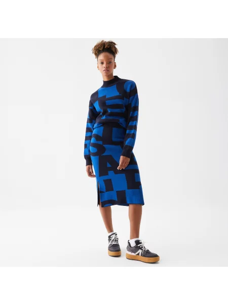 Lacoste Wzorzysty Sweter Z Golfem niebieski