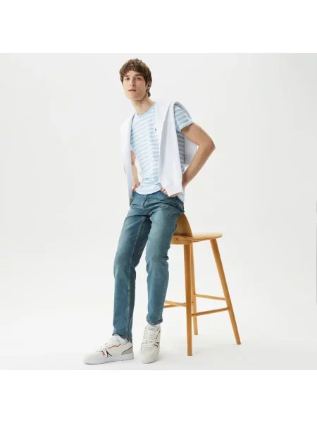 Lacoste T-Shirt W Paski Z Okrągłym Dekoltem Slim Fit niebieski