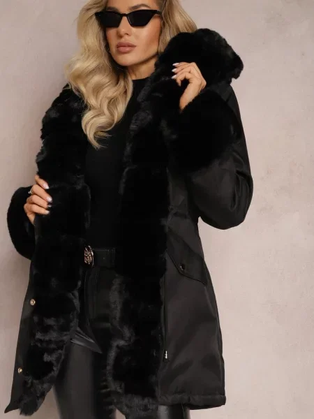 Kurtka Parka z w Talii i Kapturem z Futerkiem Hizontia czarna