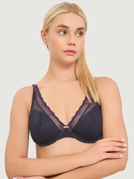 Однотонный бюстгальтер с вышивкой синій