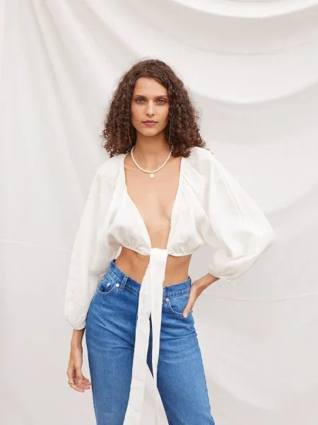 Lniana bluzka Vatkali wiązana niebieska