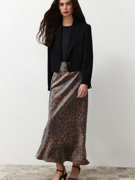Fustă Trendyol din satin cu model leopard maro