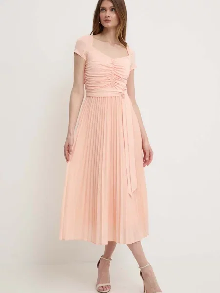 Sukienka midi z marszczeniami model ‘VERONICA’ Guess pomarańczowa