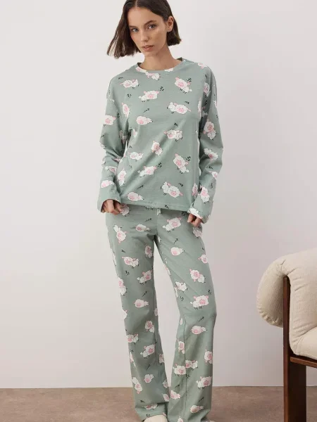 Trendyol Pijama verde deschis / roz alb