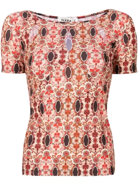 Tricou Amir Slama cu model floral cu imagine scurt roșu