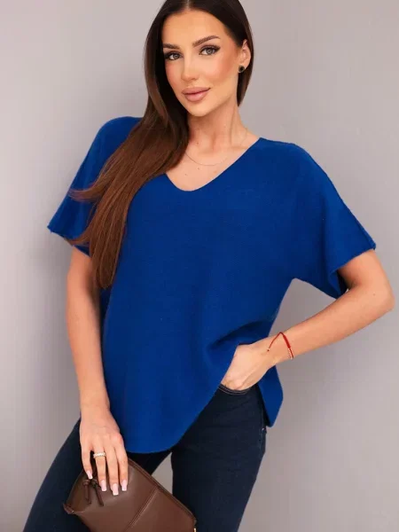 Pulover Kesi Włoski cu decolteu în V cu mâneci scurte scurt albastru