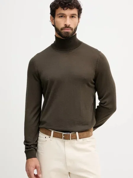 BOSS sweter wełniany lekki z golferm zielony