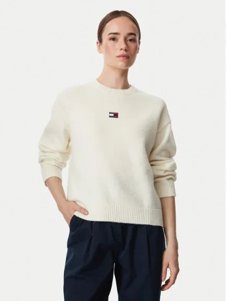 Tommy Jeans Pulover Fluffy Badge alb